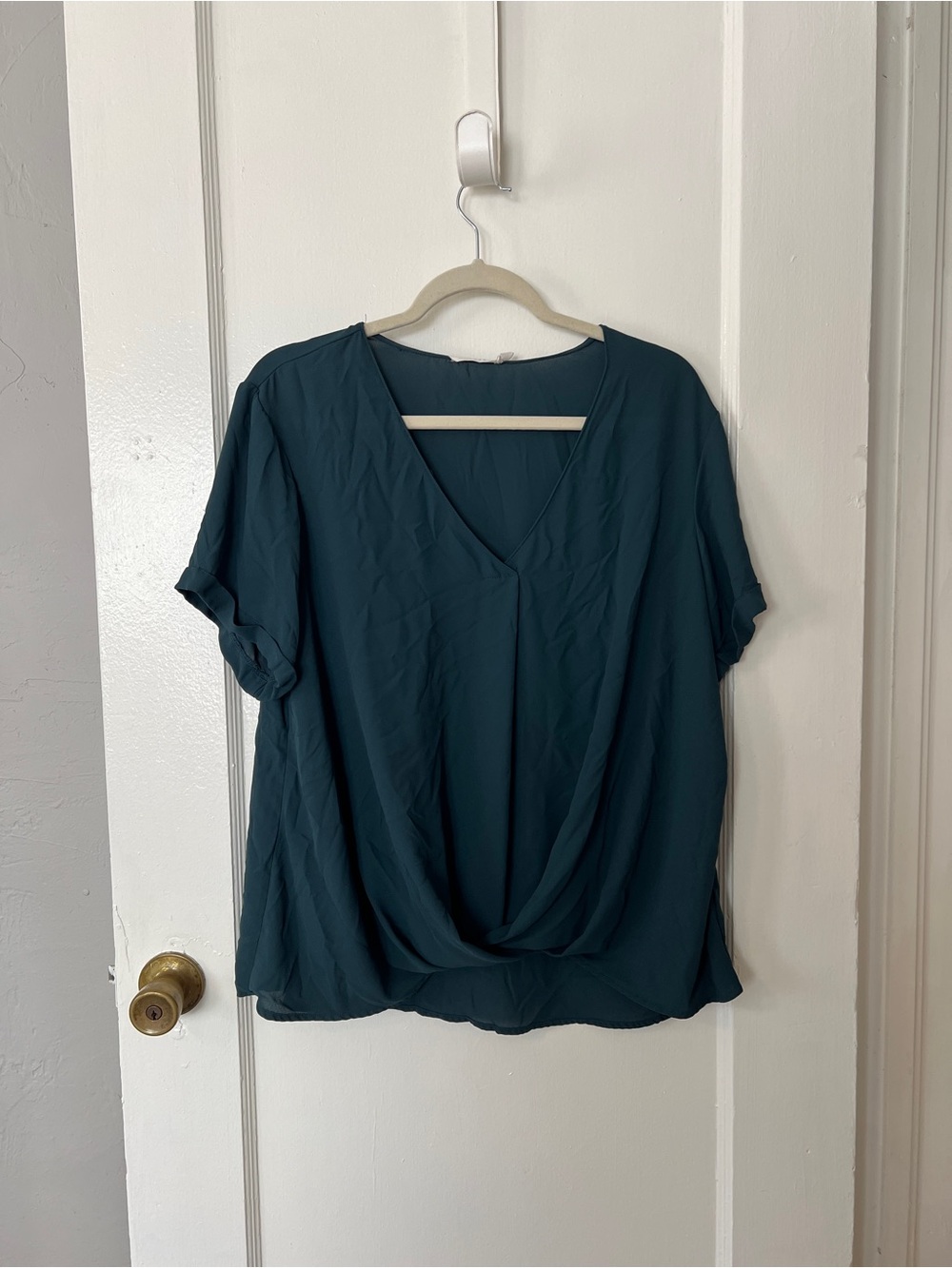 Lush Teal V-Neck Draped Front Blouse